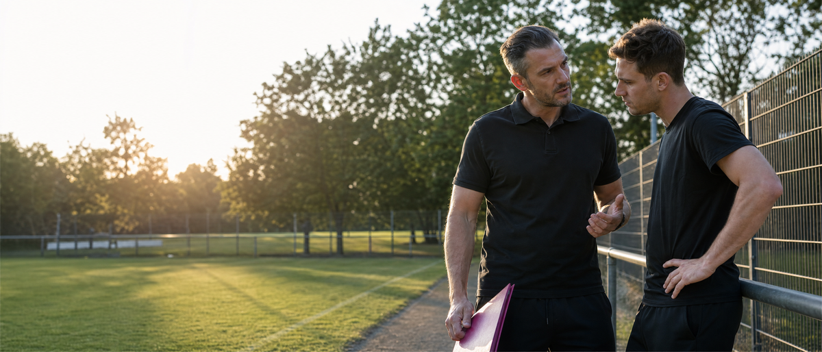 Trainer in schwarzem Polo bespricht eine Trainingseinheit am Spielfeld.