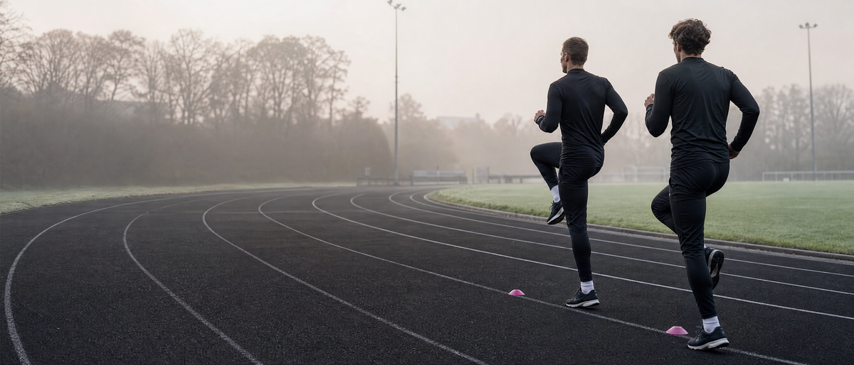 Sportler in schwarzer Trainingskleidung trainieren an einer Laufbahn.