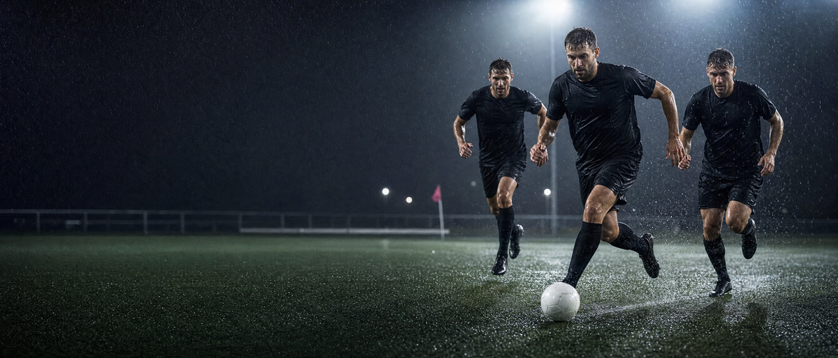 Fußballspieler in schwarzen neutralen Trikots sprinten im Flutlicht.