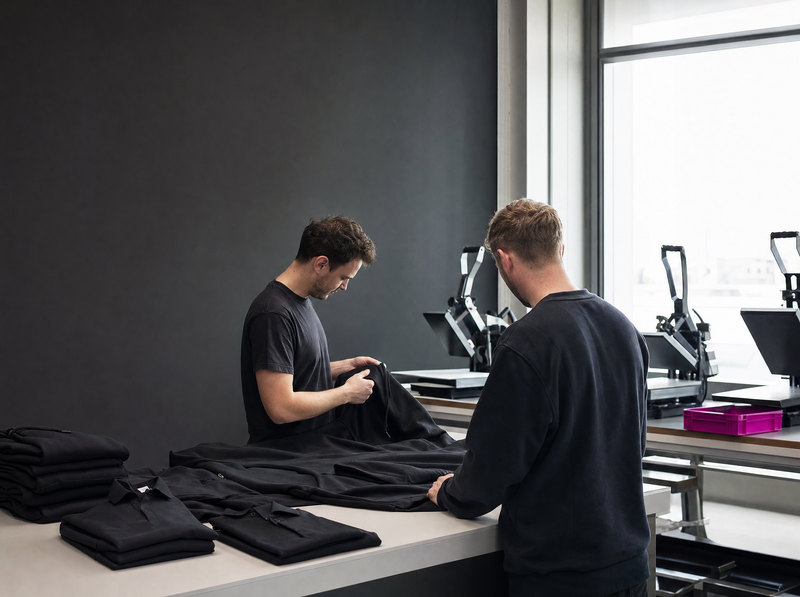 Zwei Mitarbeiter prüfen schwarze Textilien in einer Druckwerkstatt.