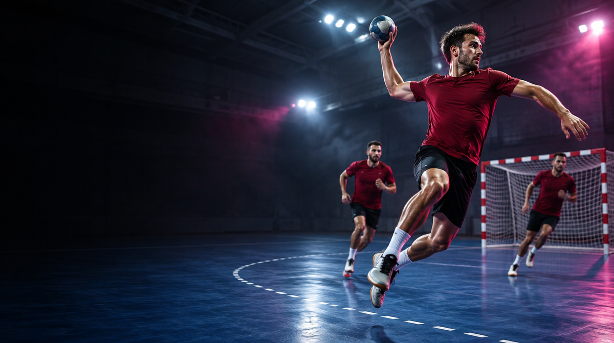 Handballspieler in roten Trikots beim Sprungwurf in einer Sporthalle